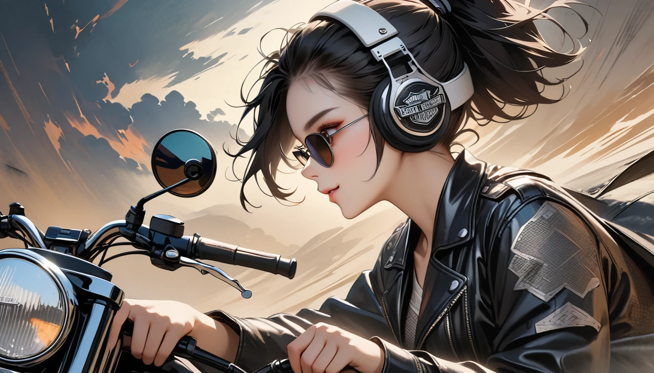 ((8k of extremely detailed CG unit, Masterpiece, high resolution, highest quality, highest quality real texture skin)), (((profile))), (((Japanese pattern leather jacket))), (((Harley-Davidson))), (((Japanese style headphones))), (((sunglasses))), (((Smiling while driving a motorcycle))), (((Japanese patterned helmet))), ((1 girl)), (Black hair, messy hair, beige skin), (surreal, digital painting), (((Upper Body)))