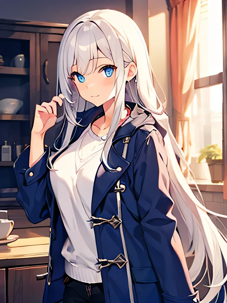 Long white hair, adult, casual, blue eyes, light coat, female, DD-cups