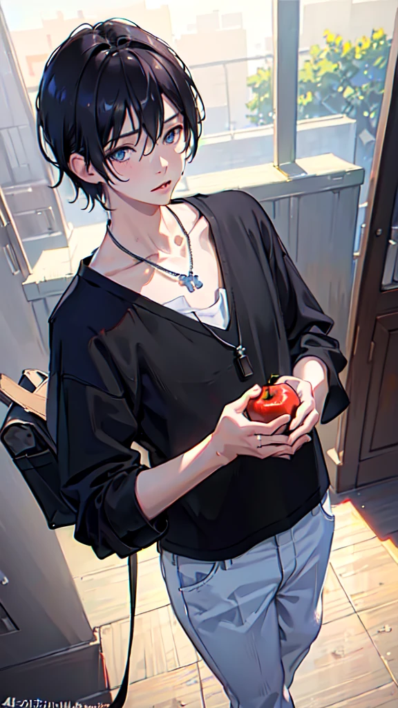 1 boy, apple, bag, bangs, berry, black hair, black shirt, blue eyes, hair between eyes, jewelry, leaf, looking at viewer, male focus, necklace, pants, shirt, solo, watch, white pants, wristwatch, messy hair, (best quality,4k,8k,highres,masterpiece:1.2),ultra-detailed,(realistic,photorealistic,photo-realistic:1.37),digital painting,concept art,trending on artstation,trending on pixiv,style of makoto shinkai