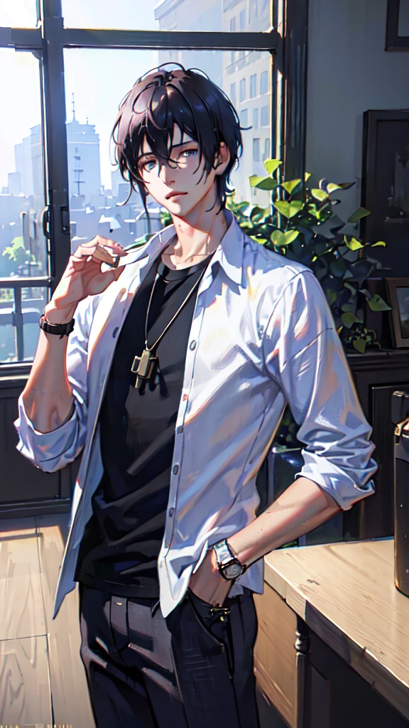 1 boy, apple, bag, bangs, berry, black hair, black shirt, blue eyes, hair between eyes, jewelry, leaf, looking at viewer, male focus, necklace, pants, shirt, solo, watch, white pants, wristwatch, messy hair, (best quality,4k,8k,highres,masterpiece:1.2),ultra-detailed,(realistic,photorealistic,photo-realistic:1.37),digital painting,concept art,trending on artstation,trending on pixiv,style of makoto shinkai
