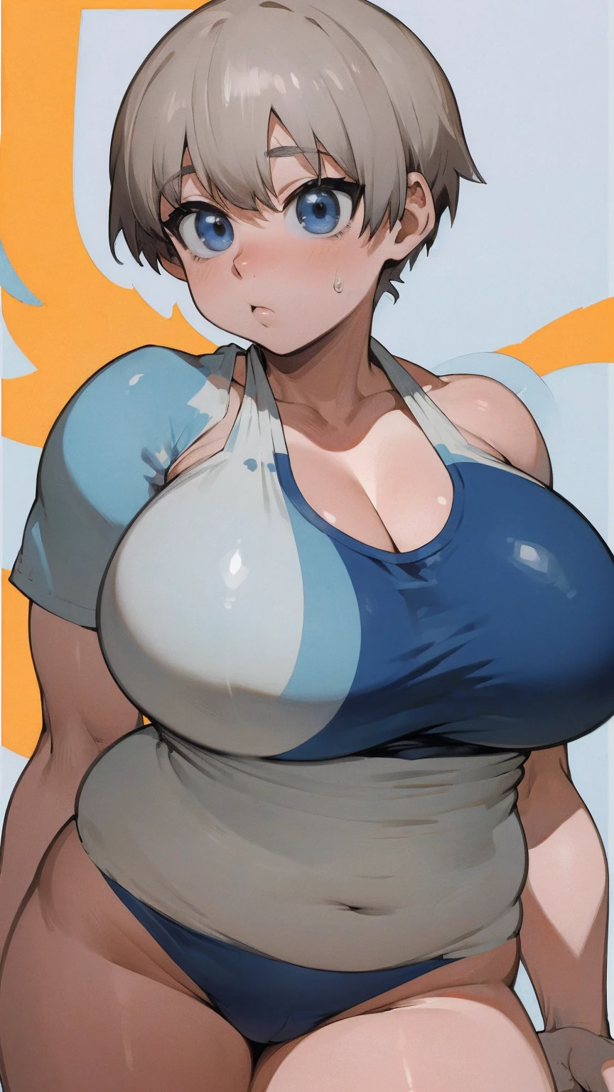 masterpiece, best quality, ultra-detailed, Potrait of beautiful , (chubby) (muscular), (plump), (sexly), (cleavage), ((tomboy)), (アニメ), (Breasts), (Plump), ((very short hair)), ((Uzaki Hana)), (overweight), (Gray Hair), ((Saggy breasts)), (blue eyes), (Short Hair), (blue eyes), ((thick)), (swimsuits),