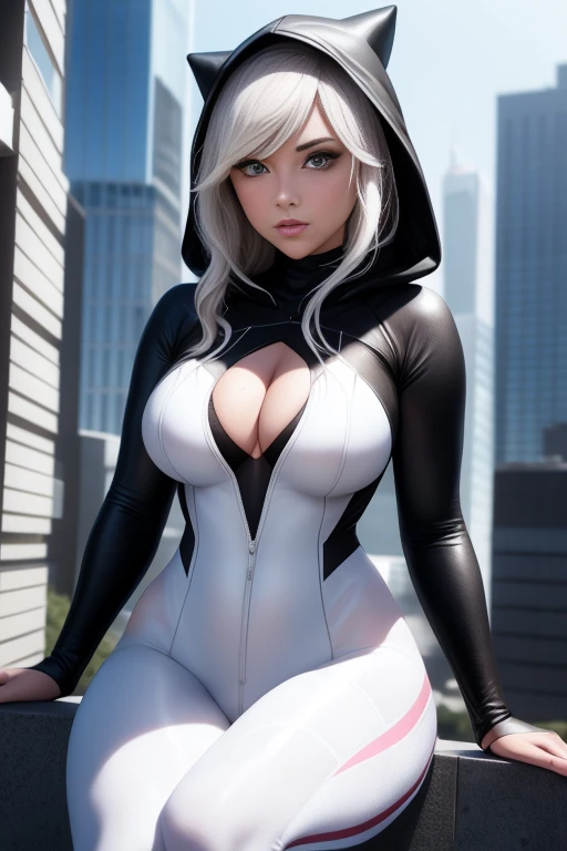 Detailed picture of Lindsey Strutt dressed as Spider-Gwen, hood, white and black, into the spider-verse, fully clothed, skin tight, wavy hair, posing, on edge of a building, lens glare
