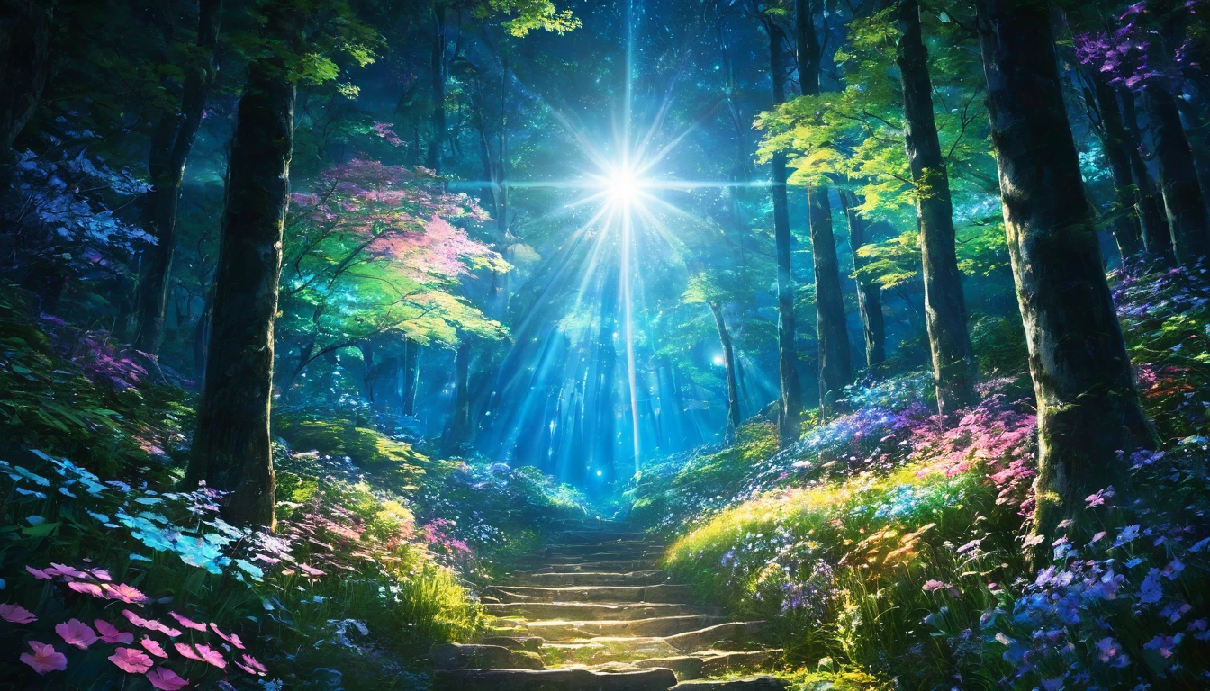 forest、大forest林、Portrait Photography、{{masterpiece}}, Highest quality, Highly detailed Unity 8k wallpaper, Cinema Lighting, Lens flare, Beautiful detailed wood々, Night Garden, colorful light, particle, Heterochromia iridis, (colorful:1.5),