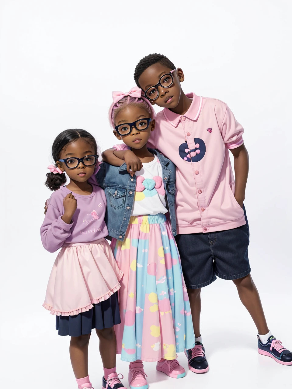 8 yr old black boy wearing ??? nerd glasses, 6 year old black girl wearing cute jean jacket with pastel colored puffy ballerina tutu dress and matching pink hairbow, 5 year old black boy wearing pink shirt and navy blue shorts, ebony sibling, black toddlers, 8 yr old standing to right, 6 yr old girl standing in the middle and 5 year old boy standing the left