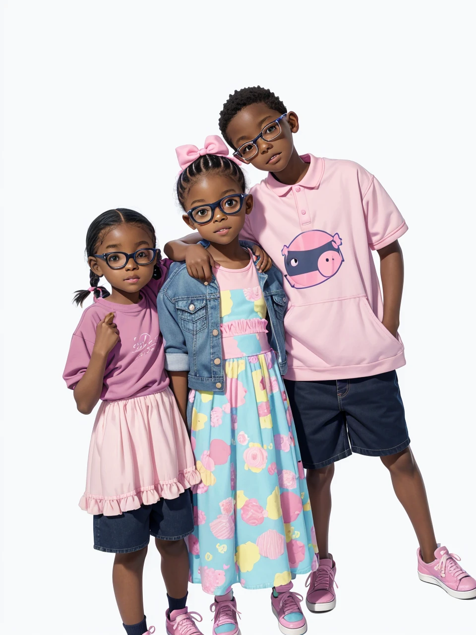 8 yr old black boy wearing kid nerd glasses, 6 year old black girl wearing cute jean jacket with pastel colored puffy ballerina tutu dress and matching pink hairbow, 5 year old black boy wearing pink shirt and navy blue shorts, ebony sibling, black toddlers, 8 yr old standing to right, 6 yr old girl standing in the middle and 5 year old boy standing the left