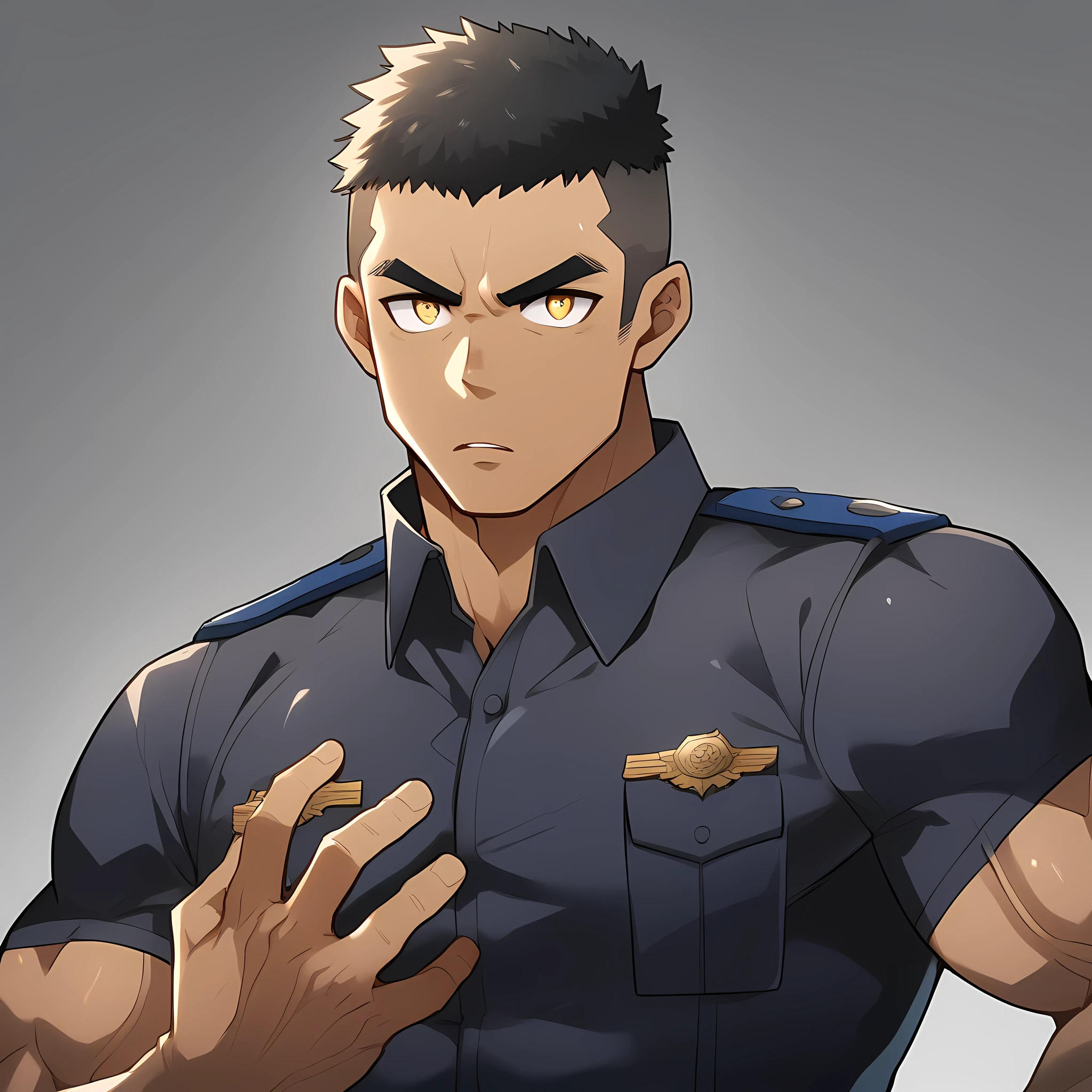 anime characters:Gyee, Muscular male police officer, negro black skin, Dark-skinned male police officer, Manliness, male focus, Tight-fitting police uniform, Black tight T-shirt with a high collar, Very tight, Round, full and perky chest muscles, Slightly transparent, muscular male, muscular, only, Upper body, alone, Black short hair, Thick eyebrows, stubble, Yellow eyes, Grey background, simple background, amazing quality, best aesthetics, Ridiculous, bright pupils, crew cut, parted lips, v-shaped eyebrows, jitome, frown, best quality