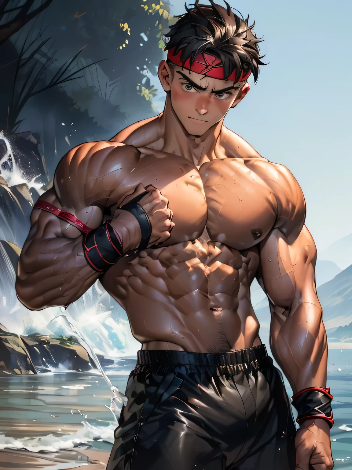 (Masterpiece, Best quality 18 year old boy, black background, cowboy shot), solo, Young, boy, muscler, Shirtless, topless, (Dark Short straight hair, ((almost completely shaved hair)), under cut, brown eyes), (red headband, ((leather fingerless grobe, black wristband))), ((hot Abs:1.2, big breast:1.2, upper arms, ((jacked muscle, beautiful musculature, aesthetic striations, inspirational physique, lean muscle, square pecs, beautiful v-taper, great abs and torso, chiseled abs, chiseled pecs, with his jet black military haircut and voluminous neck))), Vivid colors, (aura power:1.4), detailed face, detailed muscle, (((A magical mystical aura, rippling muscles, struggle, ready to fight)))