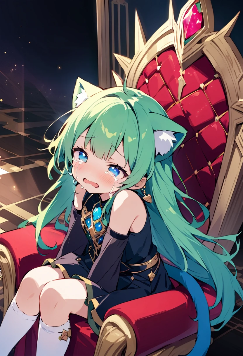 masterpiece, Highest quality, Illustration of the novel, High resolution, 18+ Adult content, Sensual, Intimate, Emotional, Passionate, romantic, sweet, Adorable, Innocent, Pure, Fascinating, Fascinatingな, Charm, mysterious, Fascinatingな, Fascinating, Immersive, Fascinatingな, dream-like, Surreal, Imaginative, Whimsical, Artistic, Avant-garde, timeless, elegant, Sophisticated, chic, Sophisticated, personality, original, Fascinatingな,One Girl,Deltamon_beta, alone, blue eyes, Knee socks, Animal ears, Bare shoulders, Blue Tail, Earrings,Removable sleeves, Green Hair, Sleeveless, Cat ear, bag, white Knee socks, Cat'tail,pink backpack,Pink school bag,Lavender lace: Lavender Peter Pan collar lace dress, Paired with ivory tights and Mary Jane shoes.,Cherry-blossom viewing, azalea, satsuki, azalea blizzard,
rest ((Avoidance method ((子Cat)), Crying face)),((Throne of Power,Throne of Power:1.3))