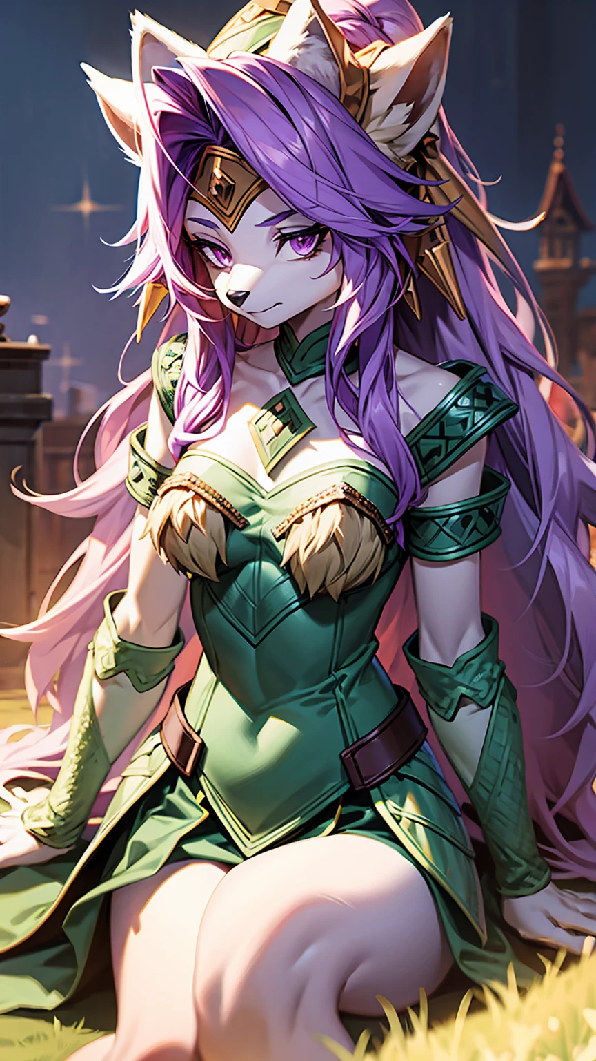 Sierra, (White corner:1.1), Furry female anthropomorphism, Wolf Girl,Unicorn Headpiece, Purple Hair, Long Hair, Portraiture, close, Purple eyes, (Green armor:1.2), Fur trim, alone, (Body hair:1.2), (Highest quality), (detailed castle background:1.2), Dramatic lighting, (Fluffy fur with attention to detail:1.1), View your viewers, Medium chest, Purple eyes, whole body,For rest,Sitting