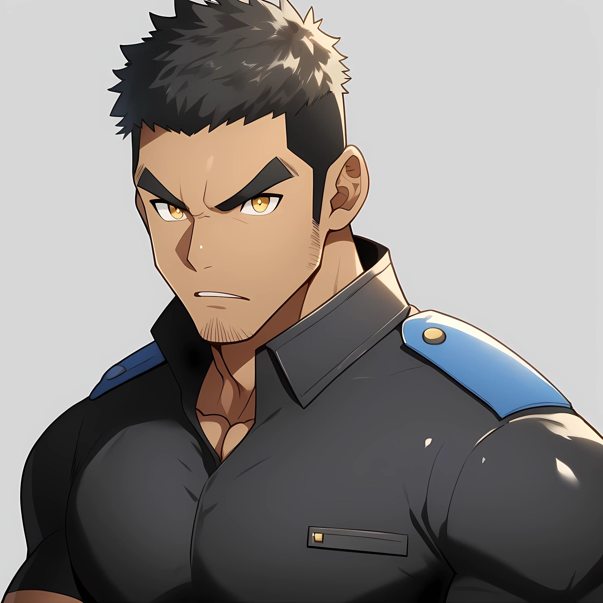 anime characters：Gyee, Muscular male police officer, negro black skin, Dark-skinned male police officer, Manliness, male focus, Tight-fitting police uniform, Black tight T-shirt with a high collar, Very tight, Round, full and perky chest muscles, Slightly transparent, muscular male, muscular, only, Upper body, alone, Black short hair, Thick eyebrows, stubble, Yellow eyes, Grey background, simple background, amazing quality, best aesthetics, Ridiculous, bright pupils, crew cut, parted lips, v-shaped eyebrows, jitome, frown, best quality