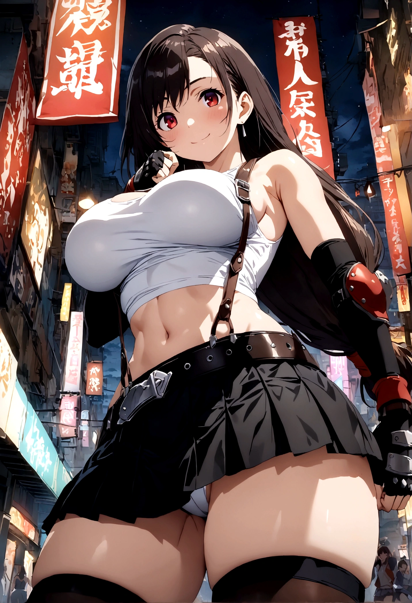 score_9, score_8_up, score_7_up,4k, ,BREAK , from below,from front,breast angle view,breast focus:1.5,standing,straight-on,(arm up,fist),(pantiesshot),(medium shot),looking_at_viewer ,1girl, tifa lockhart, final fantasy, tareme,black hair, low-tied long hair, red eyes, bangs, white tank top, belt, pleated skirt, thighhighs, elbow fingerless gloves, elbow pads, midriff, navel,suspender skirt ,large_breasts,(light smile),Curvy waist ,Solo,,(midnight and beachside and city),Toned,,detailed skin,(best quality),(aesthetic,very aesthetic),masterpiece, highres,4k,(ultra-detailed:1.4) (illustration:0.4), (ray tracing,:0.7),(anime colored:0.7),(ai-generated:0.5), (anime screencap:0.8),megami magazine