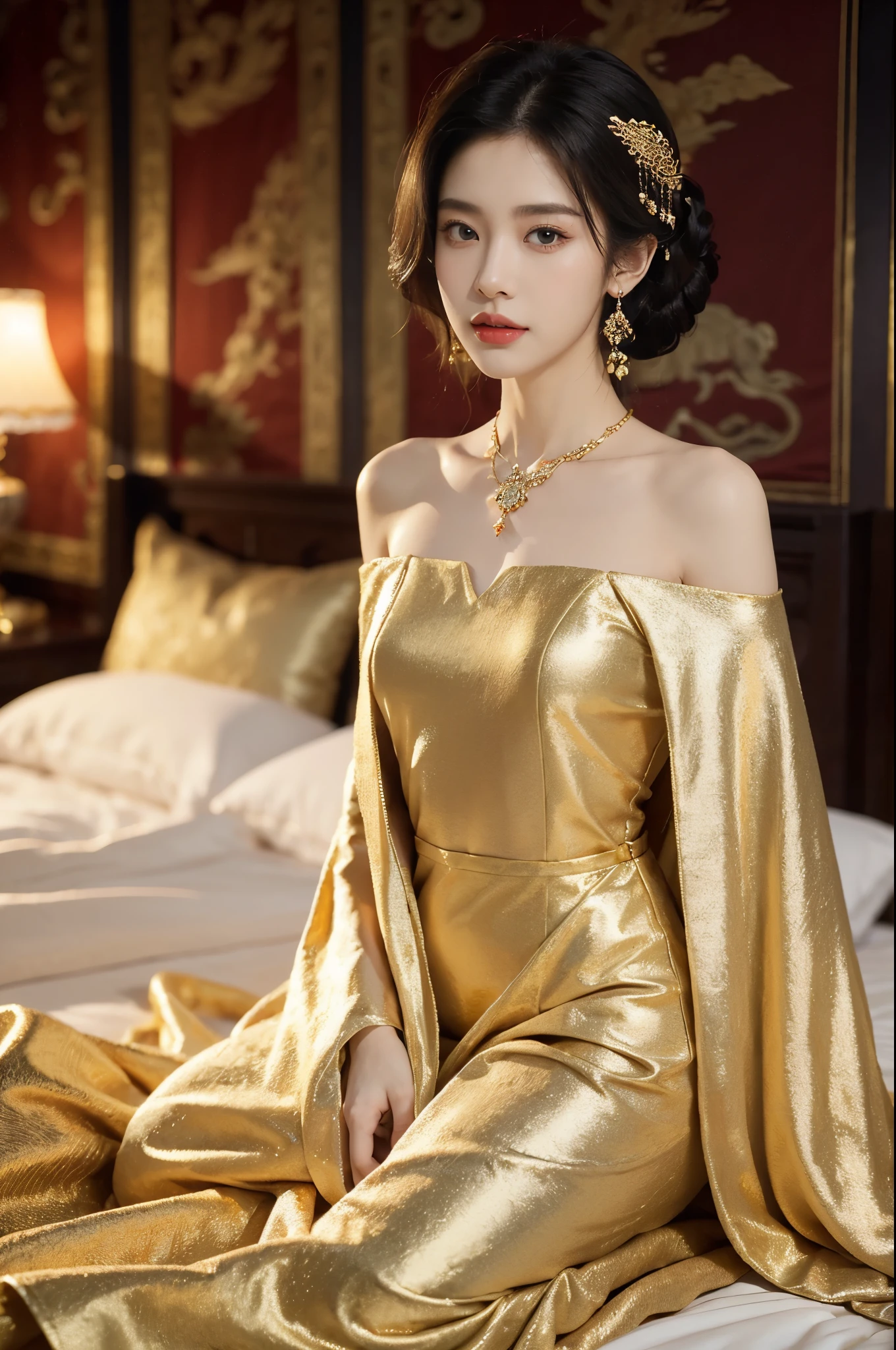 (((best quality))),(((ultra detailed))),(((masterpiece))),illustration,1 girl,solo,slim,thin,shoulder length straight bob hair,earrings,necklace,small breasts,flat chest,slender legs,high heels,Asian appearance,princess,royal,Chinese palace,night scene,magnificent dragon gown,golden crown,intricate embroidery,luxurious fabric,precious stones,(sitting on the metallic bed:1.3),(arms behind back:1.3),decorative patterns,rich decorations,luxurious furnishings,regal charm,beautiful face,gentle smile,bright eyes,historical,traditional,city lights,modernity,frozen moment,beauty of the past,evolution of time,(from front:1.3),(upper body:1.2)