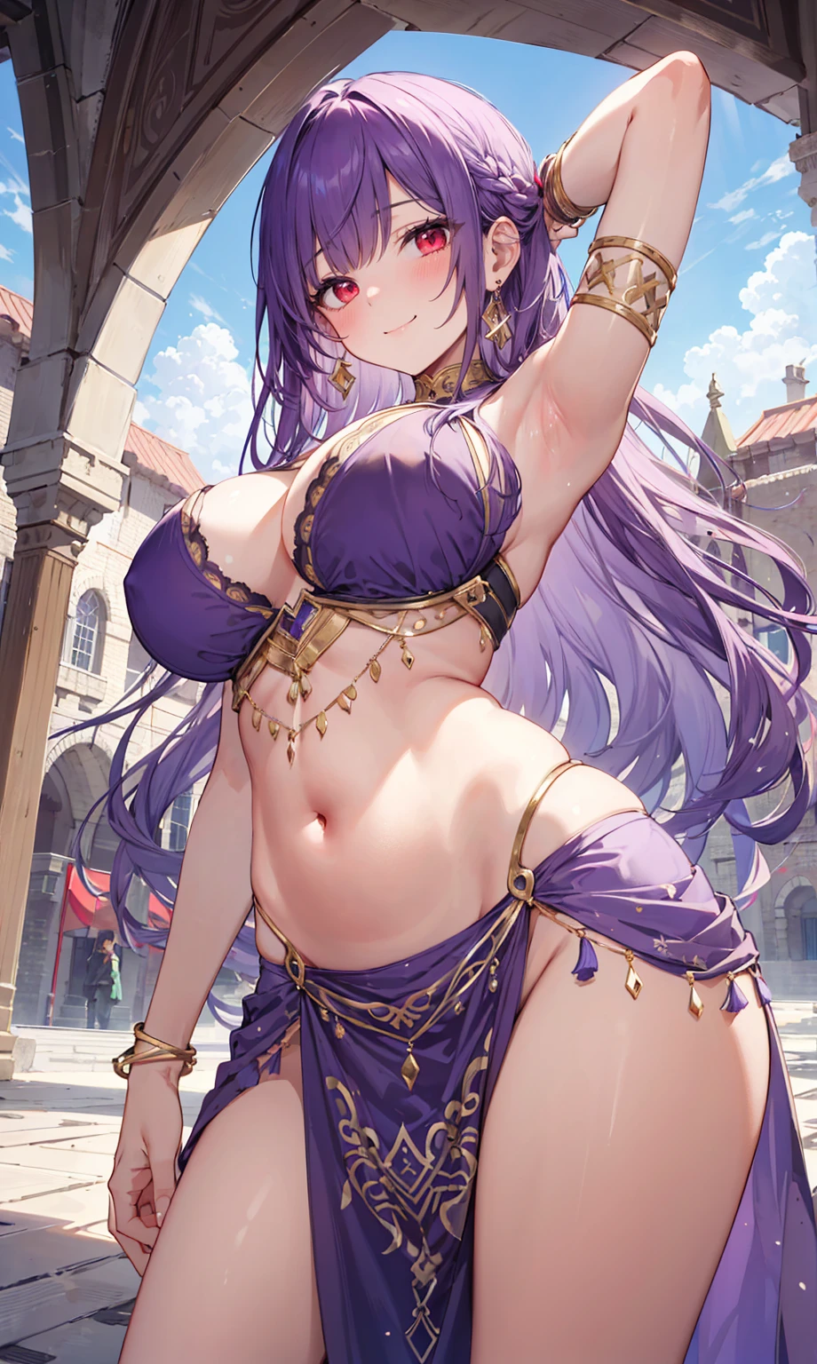 high quality, ultra detailed, best quality, insanely detailed, beautiful, masterpiece, 1girl, medieval plaza, cowboy shot, red eyes, long hair, purple hair, belly dancer, circlet, earrings, armlets, bracelets, bashful smile, large breasts, cleavage, soft stomach