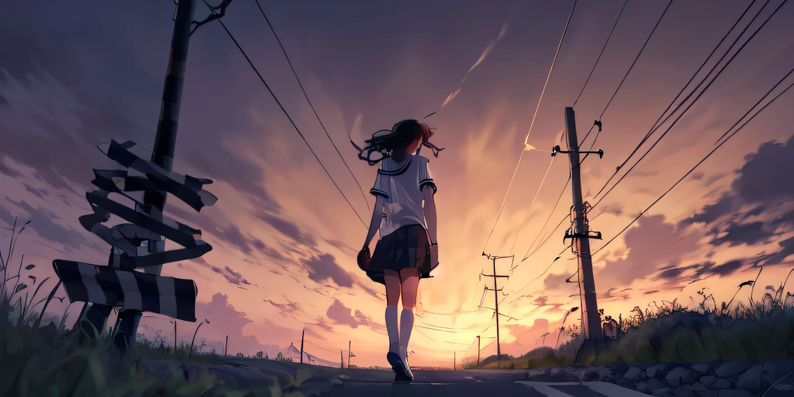 -Blues, One girl, alone, Outdoor, cloud, null, skirt, , shoes下, scenery, white shoes下, sign, Grass, shoes, bag, Are standing, Seraphim, Knee-high, From behind, shirt, cloudy null, road sign, signature, Sailor collar, Wide Shot, sunset, white shirt, Electric pole, black skirt, Black Hair, pleated skirt, Brown Hair, Turn your back, Short sleeve, Power lines