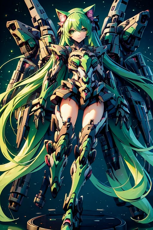 anime figure, figma,(detailed eyes))
1girl,((cat ears)),cat tail, ((long straight green hair:1.3)),big expressive neon green eyes,,expressive eyes,(((smile,blush wink))),(((full body:1.4))), ((mechanical full body suite, mecha)), feather robot wings,black kitten, cute, dynamic flirty pose, missiles on arms and shoulders, partial metal mask,standing on one leg looking at viewer ,shoulder trun to the viewer,black kitten sitting next to her, cute,flirty pose,AD ,decales,web AD
solo:1.5

