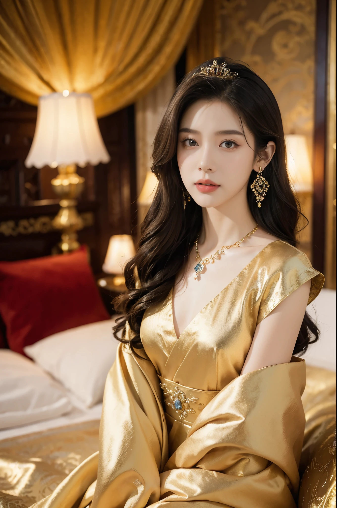 (((best quality))),(((ultra detailed))),(((masterpiece))),illustration,1 girl,solo,slim,thin,shoulder length straight bob hair,earrings,necklace,small breasts,flat chest,slender legs,high heels,Asian appearance,princess,royal,Chinese palace,night scene,magnificent dragon gown,golden crown,intricate embroidery,luxurious fabric,precious stones,(sitting on the metallic bed:1.3),(arms behind back:1.3),decorative patterns,rich decorations,luxurious furnishings,regal charm,beautiful face,gentle smile,bright eyes,historical,traditional,city lights,modernity,frozen moment,beauty of the past,evolution of time,(from front:1.3),(upper body:1.2)