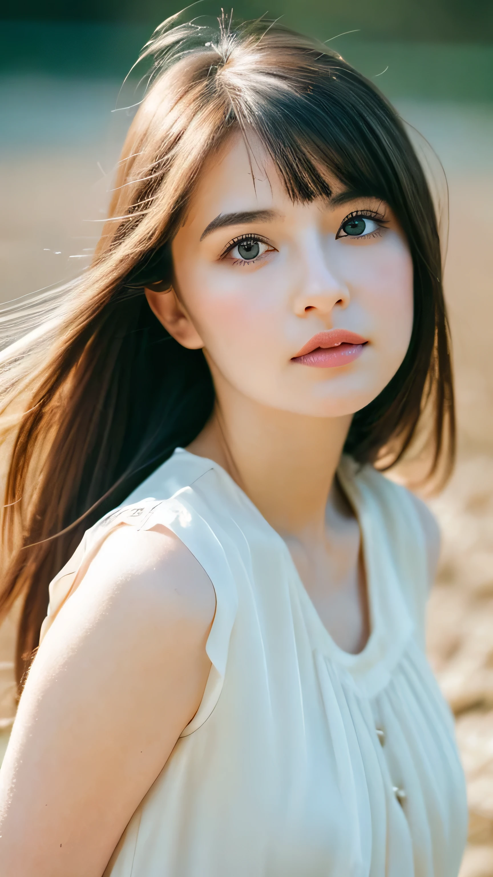 (Random Nationality):1.5, masterpiece, highest quality, 8k, 20th Generation, (Large Breasts:1.2), cute, alone, sad, close, cute, Girlish, Delicate girl, Pure beauty, RAW Photos, Professional photography, Portraiture, Soft Light, Professional Lighting, Backlight, Upper Body, avert your eyes, Sophisticated, Film Grain, (Eyes and facial details:1.0), Beautiful straight hair, Hair swaying in the wind, Silk blouse, Random hairstyle
