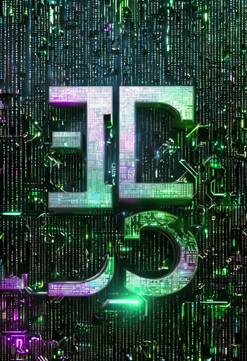letter "ICT" Large close-up and metal materials, 下面另有letter "LCDMC" Less fluorescent effect, The background movie Matrix feels like it’s raining with strange symbols, The four sides gradually fade out