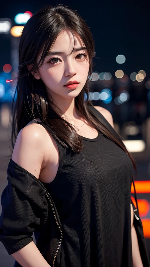 1girl, Tokyo street,night, cityscape,city lights, upper body,close-up, 8k, RAW photo, best quality, masterpiece,realistic, photo-realistic,