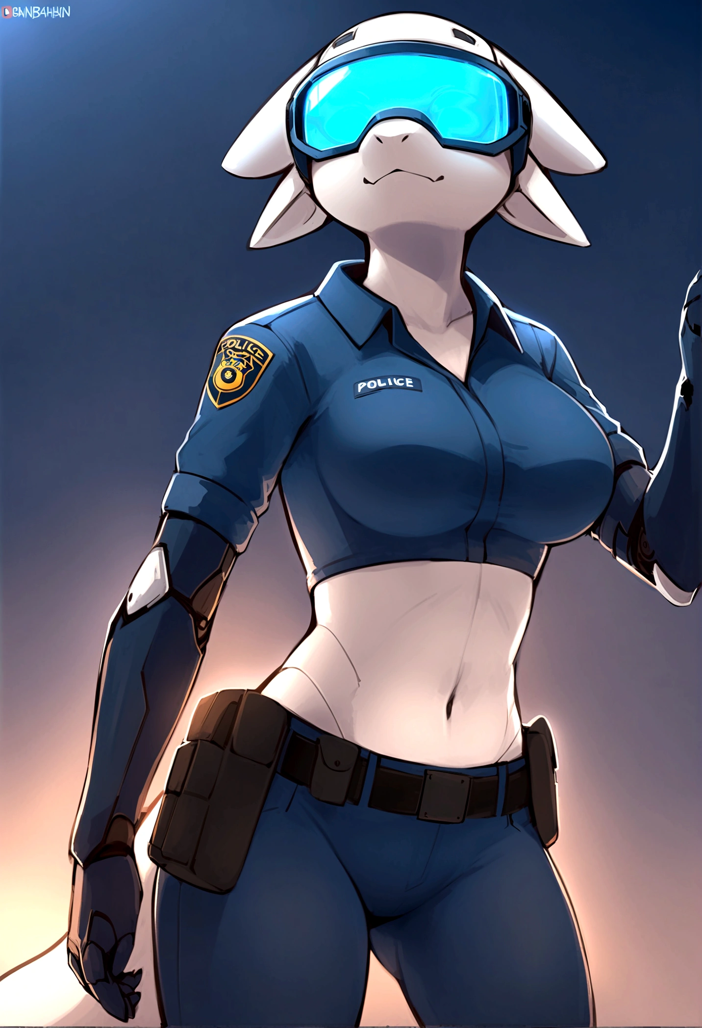 top quality, best quality, by bahnbahn, High-quality illustrations, masterpiece, shading, light)(kemono, furry anthro, alone), round, 1 female, Mecha Dragon, blue visor, blue glow, cybernetic body, android body, slim body, big breasts, perfect eyes, police clothes
