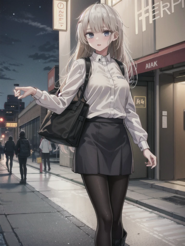 1girl, solo, female, ak-74m, white shirt, standing,cowboy shot's, blue skirt, outdoor, night, 4k, bokeh, pantyhose, carying a bag, mature woman, a date,