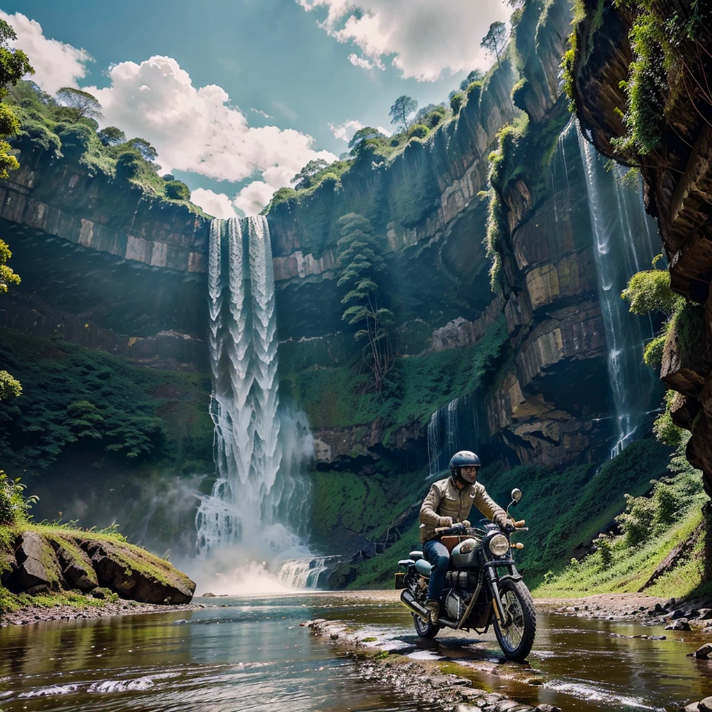 A person riding a royal Enfield bike wearing a helmet on a terrain road and waterfalls beside him cloudy climate