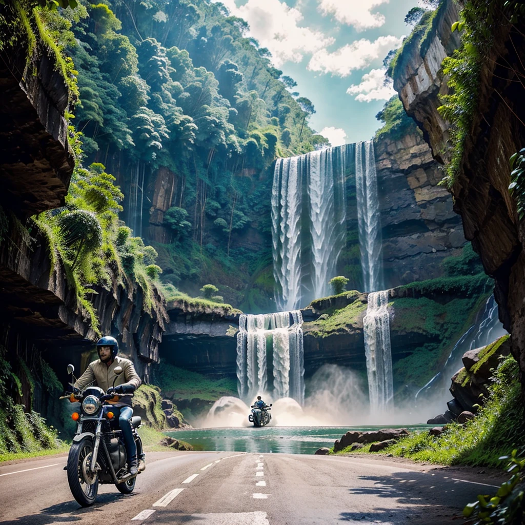 A person riding a royal Enfield bike wearing a helmet on a terrain road and waterfalls beside him cloudy climate