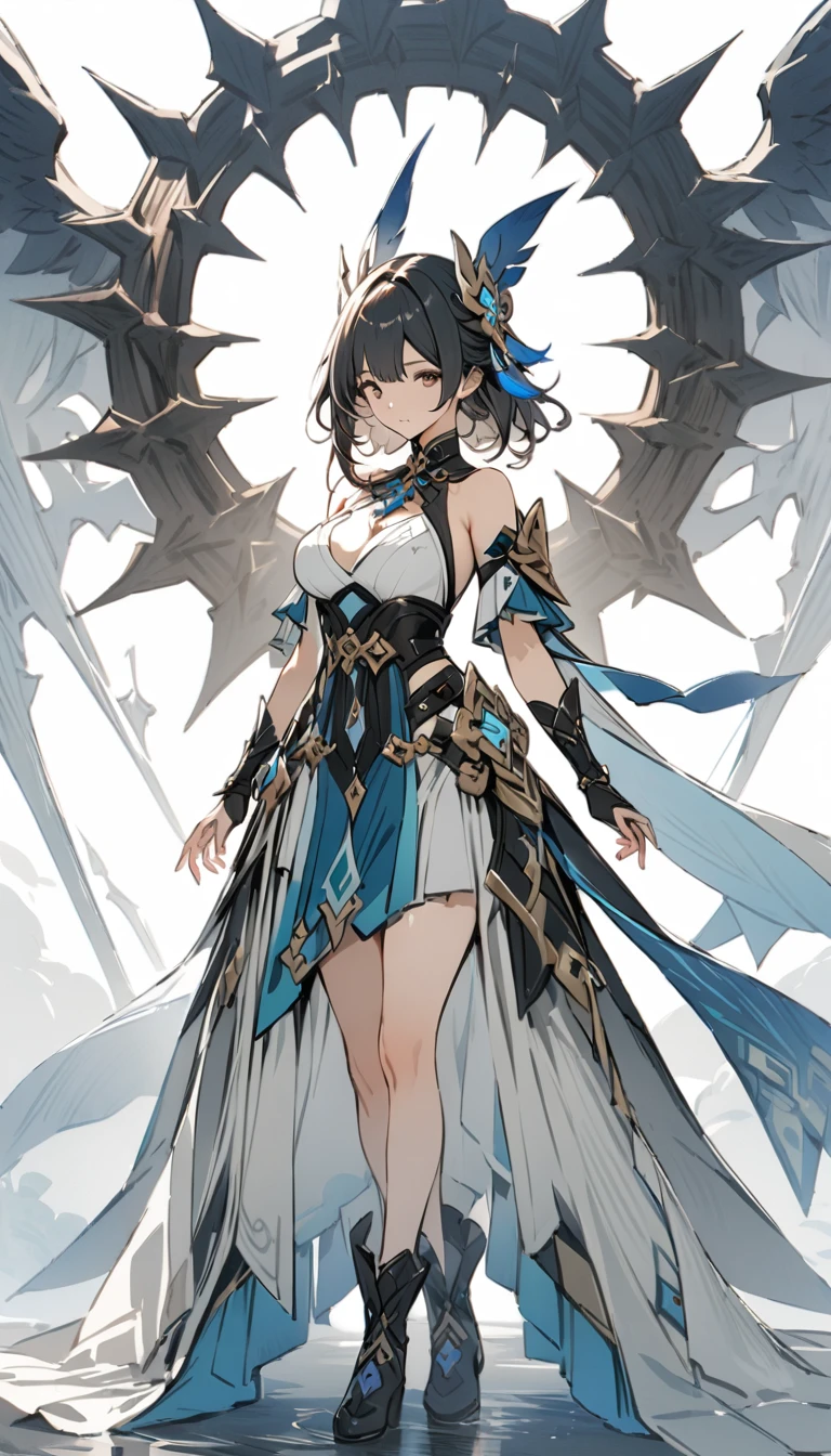((masterpiece)), ((best quality)), ((high resolution)), full body, standing, white backgroun, fantasy, genshin clothes, genshin outfit, fantasy theme, red, large breast, bare shoulders,