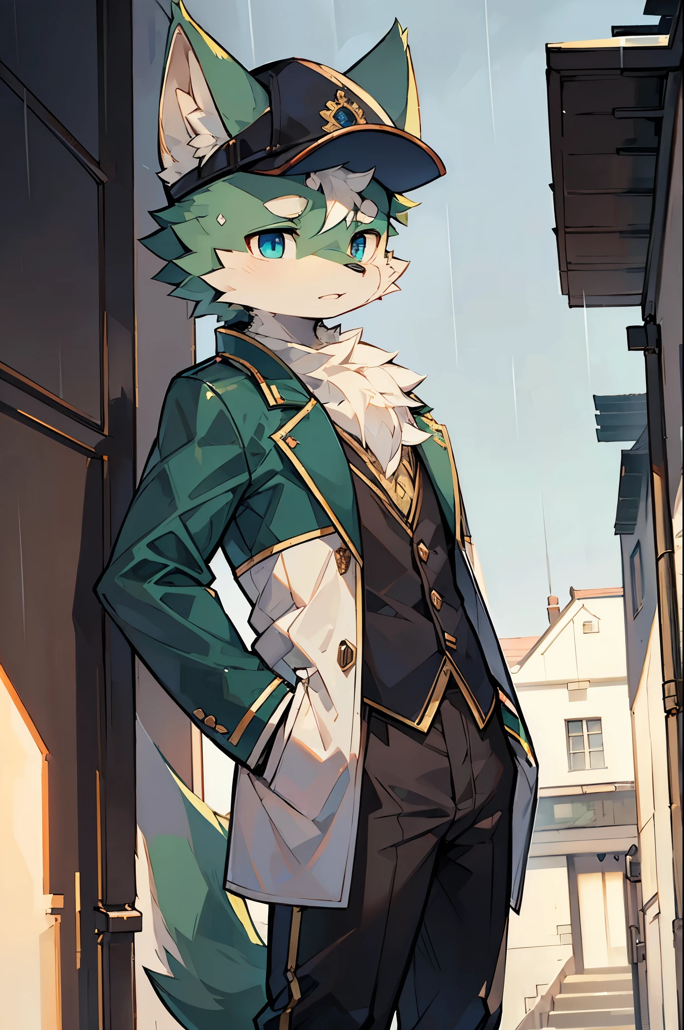 Exquisite lines,best quality。young,male,Light green fur,Wolf Orc,Higher,Black long coat,Black trousers,Blue pupils,Background City,Standing on the roof,night,rain