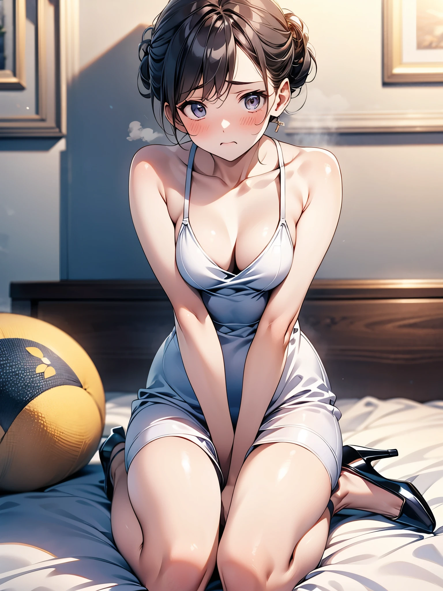 (1 person、alone:1.1), Beautiful woman, Anatomically perfect body, Slender、(Casual Dresses), midi dress, (Look down:1.2), (detailed panty), (Pussy juice:1.1)、22 years old、(Highest quality)、Black Hair, (half updo:1.2), bedroom、(8K, High resolution)、(shy:1.4)、medium breast, Thin legs、Small Ass、(steam:1.1), (embarrassed:1.3), sit、Bend your knees, (High heels)、High definition beautiful face
