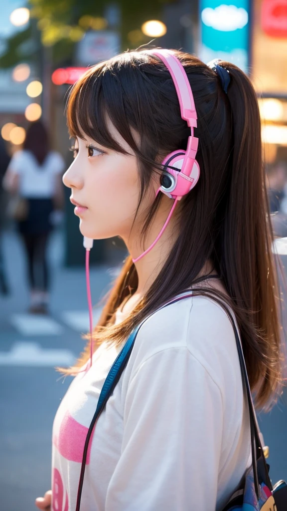 High school girl Retro cafe Japanese girl in her 20s listening to music with earphones Sad profile