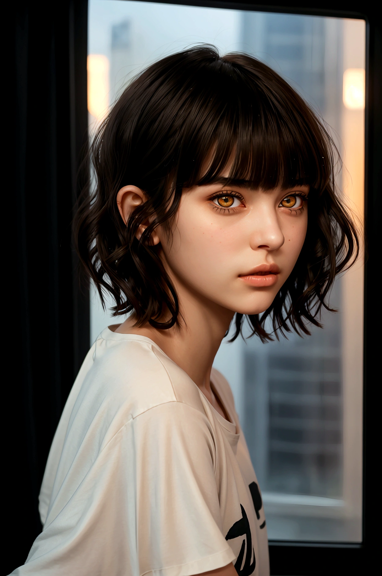cinematic realistic portrait, front face, of a young girl, adolescent, (Lebanese), fly away, long t-shirt, minimal style, Beautiful woman, ((short wavy hair with bangs)), ((amber eyes)), Pursed lips, night in an apartment, window to the city, neon lights