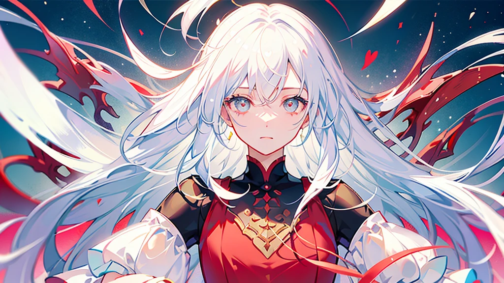 White hair, long, beautiful boy, cute, dress, androgynous, left eye white, right eye red, love, fleeting, unrequited love, solo White background