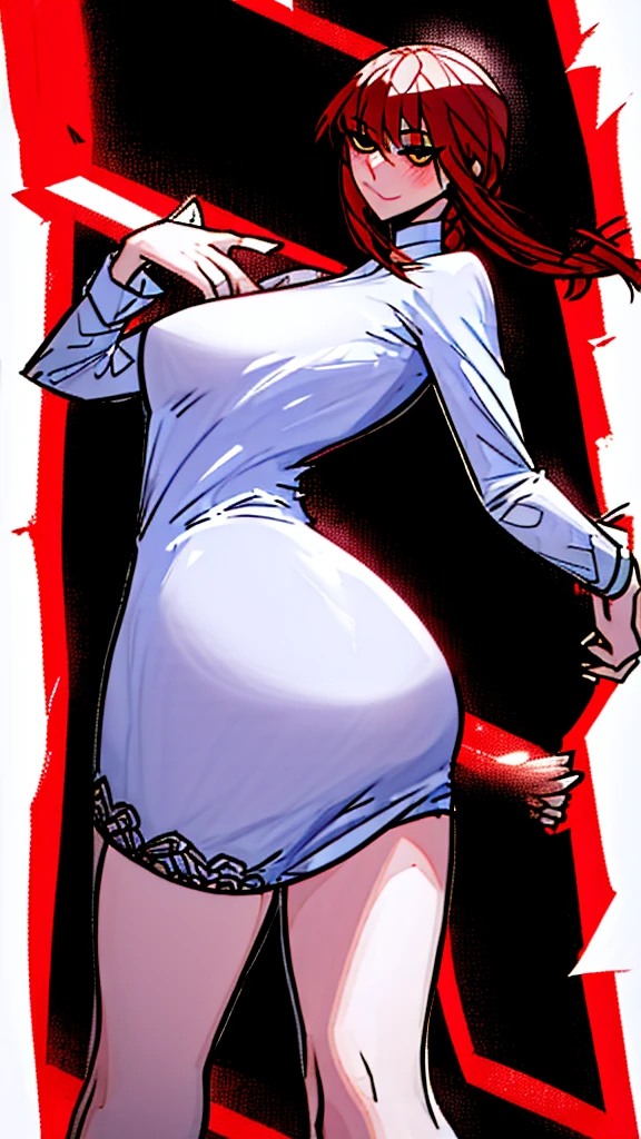 dominatrix, makeup gremory, with transparent white nightgown, scarlet hair, flirtatious smile, look of Love, thin lace lingerie, thigh high stockings, lace stockings, blushing, embarrassed, ashamed, long and thick hair, fringe, big smiling eyes, huge breasts, thin waist, prominent hips, big butt, big thick thighs,----(chaos)----, 