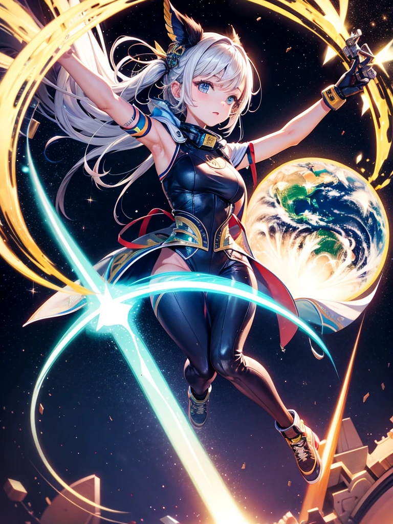 Highest quality,Highest Resolution,A beautiful android girl flying in space,Earth in the background,Get on the machine,