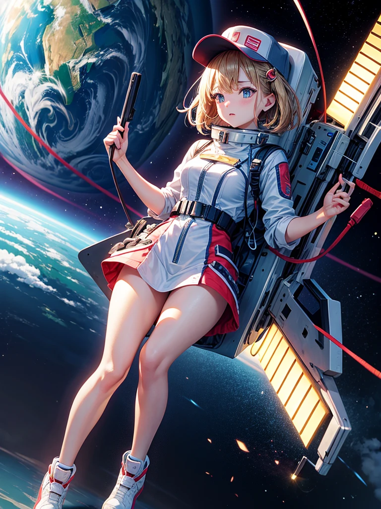 Highest quality,Highest Resolution,A beautiful android girl flying in space,Earth in the background,Get on the machine,