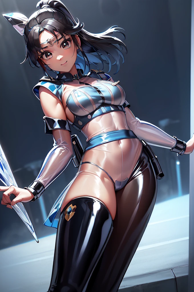 1girl,solo,(police:1.6),(blue police uniform:2.0),cowboy shot,standard height,standing,(black hair:1.4),long hair,ponytail,parted bangs, circlet, headband,(brown eyes:1.4),(beautiful fingers:1.6),(perfect anatomy:1.6),(arms_behind_back:1.6),(cold_shoulder:1.4),(latex luster shiny glossy metallic:1.4),(shiny_clothes:1.4),small breasts,masterpiece,best quality,(Ultra high definition eyes:1.2),8k,(Beautiful detailed eyes:1.2),(Fine and beautiful eyes:1.2),(pretty eyes:1.2),finely detail,extremely CG, absurdres,high resolution,illustration,Detailed and beautiful outlines,finely detail,high resolution,(colorful refraction:1.4,Increase saturation:1.2),beautiful lighting,dynamic lighting,closed room,black background,simple background, smile,looking at viewer,(white Clear PVC sheets sleeves:1.4),(sheer sleeves:1.4),(see-through sleeves:1.4),(wide sleeves:1.2),(blue thigh boots)