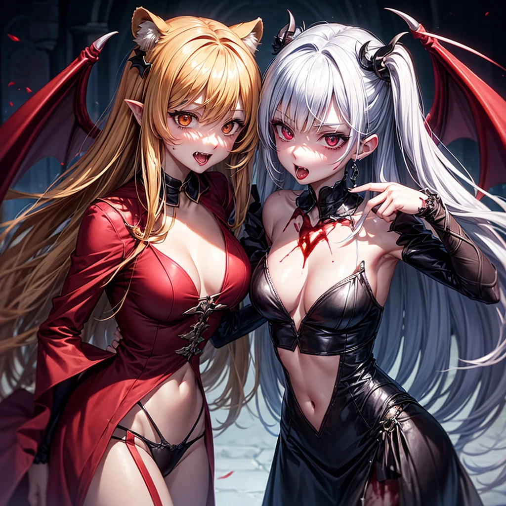 His chest was covered in blood、Anime girl with blood dripping from her chest, gapmoe Yandere grimdark, Devil anime girl, Shatia Bradfren, Bad guy anime 8k, Yandere intricate, portrait gapmoe Yandere grimdark, Vampire Girl, bloody + Concept Art, Yandere, Anime style 4k, Open mouth and bite,Blood at the corner of mouth,Small tiger teeth,Devil Wings, Gothic girl anime long skirt,Red Moon,castle