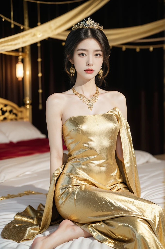 (((best quality))),(((ultra detailed))),(((masterpiece))),illustration,1 girl,solo,slim,thin,shoulder length straight bob hair,earrings,necklace,small breasts,flat chest,slender legs,high heels,Asian appearance,princess,royal,Chinese palace,night scene,magnificent dragon gown,golden crown,intricate embroidery,luxurious fabric,precious stones,(sitting on the metallic bed:1.3),(arms behind back:1.3),decorative patterns,rich decorations,luxurious furnishings,regal charm,beautiful face,gentle smile,bright eyes,historical,traditional,city lights,modernity,frozen moment,beauty of the past,evolution of time,(from front:1.3),(upper body:1.2)