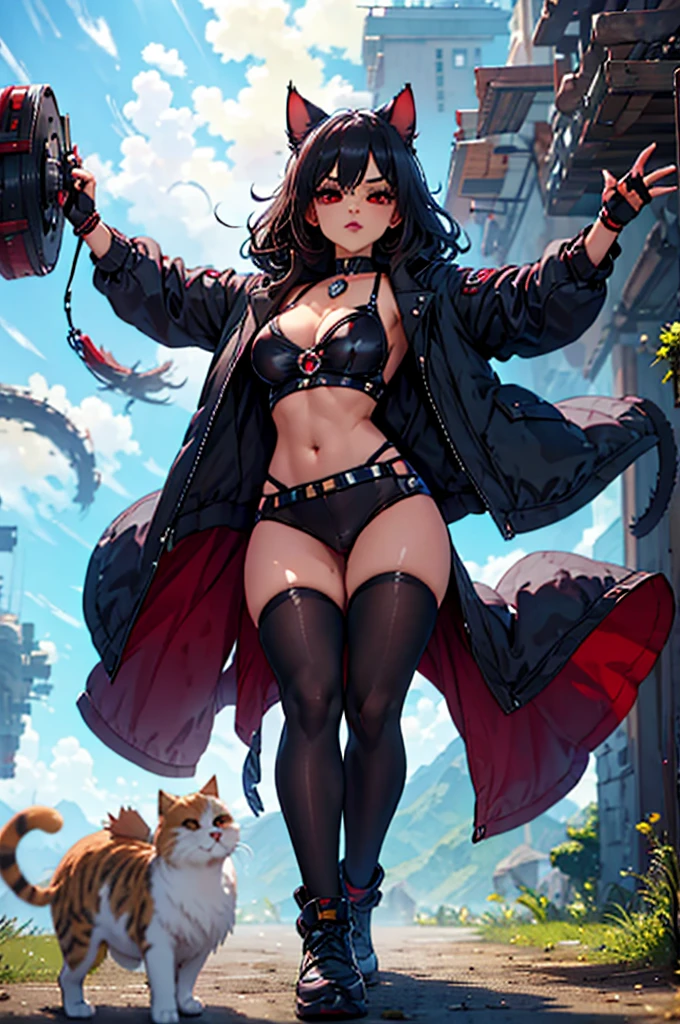 (Excellent quality, good detail, well detailed eyes, HD quality, 4k,) 1chica junkotvv, ((black hair with cat ears and red eyes)) with comfortable clothes, simple background , battlefield with explosions, practical lights,