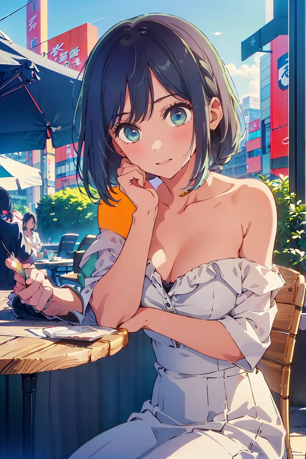 (Highest quality:1.4、8K:1.4、detailed)、F cup bust、Big Breasts、Slim body、Very white beautiful skin、((((1 person、Surprised expression、sit、Chair、In the background are the urban buildings of Tokyo、looking at the camera、Outdoor café terrace、Navy hair color、juice、table、Very cute face))))、((((nude、Areola))))、(Pose with hair tucked behind ear with one hand:1.4、Cheek resting on hand:1.4)、Nipples、Off-the-shoulder black blouson with zipper、Very blue sky、A completely cloudless sky