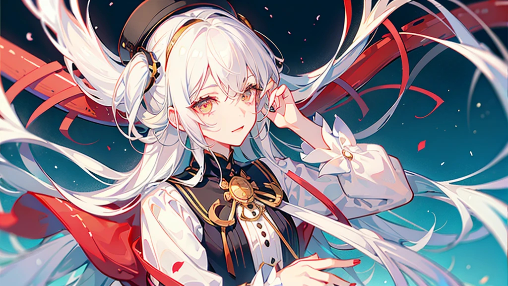 White hair, long, beautiful boy, cute, dress, androgynous, left eye white, right eye red, love, fleeting, unrequited love, solo White background