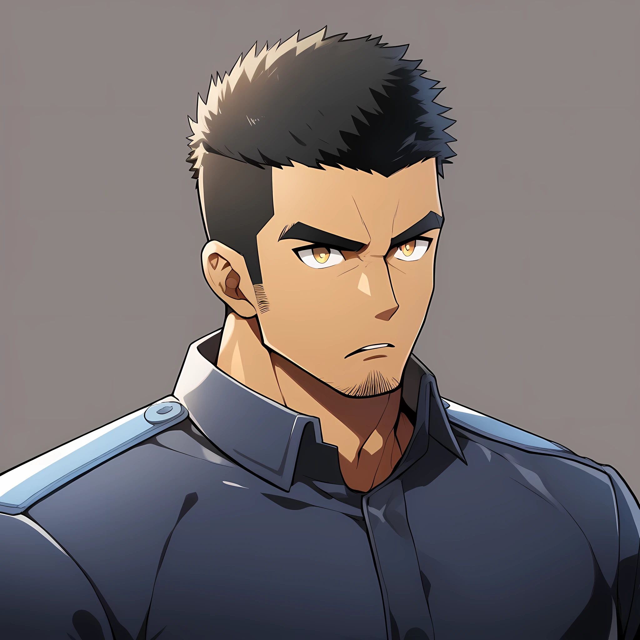anime characters:Gyee, Muscular male police officer, negro black skin, Dark-skinned male police officer, Manliness, male focus, Dark Yellow Black Tight-fitting police uniform, Black tight T-shirt with a high collar, Very tight, Round, full and perky chest muscles, Slightly transparent, muscular male, muscular, only, Upper body, alone, Black short hair, Thick eyebrows, stubble, Yellow eyes, Grey background, simple background, amazing quality, best aesthetics, Ridiculous, bright pupils, crew cut, parted lips, v-shaped eyebrows, jitome, frown, best quality