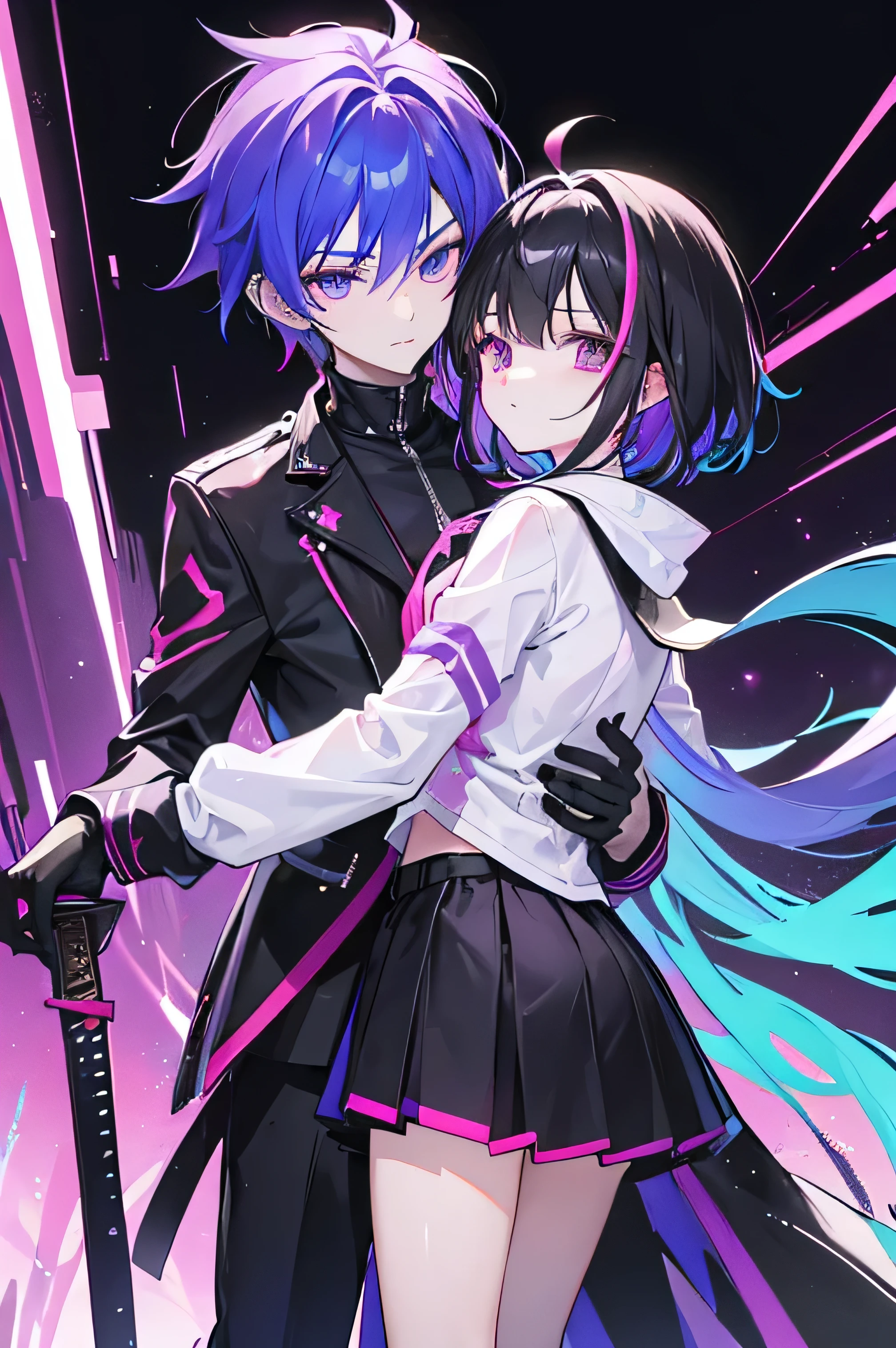 In the center of the image, a young man with short hair and a neutral style stands out with a spectacular gradient of colors. His hair starts out deep black at the roots, gradually fades into a light neon blue and ends in vibrant spikes of neon purple. He wears a black jacket adorned with red lines along the sleeves and a white shirt visible underneath.. His outfit is completed with black pants and a red-hilted katana hanging from his belt..
This young man delicately hugs a girl with black hair that also exhibits a gradient, although in pink and neon purple tones. Her hair starts black at the roots and fades to a neon pink that transitions to neon purple at the ends.. She is wearing a t-shirt with a heart design made up of neon purple lines on a white background. Her black skirt is adorned with gradient lines that range from pink to neon purple. A red bag with purple details hangs from her right shoulder.
Both characters are immersed in a charming night scene. Background, a night lit with stars and the moon in a cyberpunk style city. Neon lighting highlights the vibrant colors of the characters' hair and clothing, creating a striking contrast with the futuristic urban environment.
The characters' posture reflects an intimate and affectionate connection. The boy holds the girl's waist with his left hand, while with his right he firmly holds the hilt of his katana. The girl, with his left hand resting on the boy's hip, shows a serene and happy expression, looking up at him fondly.