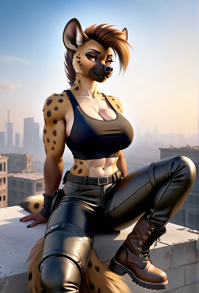 4k highly detailed realistic digital extremely high quality drawing, masterpiece, (by keeltheequine), (uploaded on e621), (a full-body portrait of an anthro hyena girl), (sitting on the roof of a building in a post-apocalyptic wasteland, holding a rifle)), ((wearing a tanktop, tight leather pants and combat boots)), (beautiful and detailed eyes:1.1), fur, seductive, sexy, voluptuous, curvy body, hourglass figure, large breasts, muscles, cinematic lighting, (f1.8 short focus bokeh)And without clothes