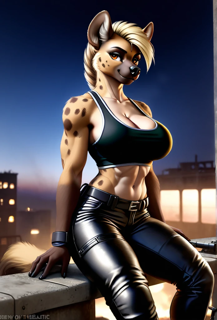 4k highly detailed realistic digital extremely high quality drawing, masterpiece, (by keeltheequine), (uploaded on e621), (a full-body portrait of an anthro hyena girl), (sitting on the roof of a building in a post-apocalyptic wasteland, holding a rifle)), ((wearing a tanktop, tight leather pants and combat boots)), (beautiful and detailed eyes:1.1), fur, seductive, sexy, voluptuous, curvy body, hourglass figure, large breasts, muscles, cinematic lighting, (f1.8 short focus bokeh)And without clothes
