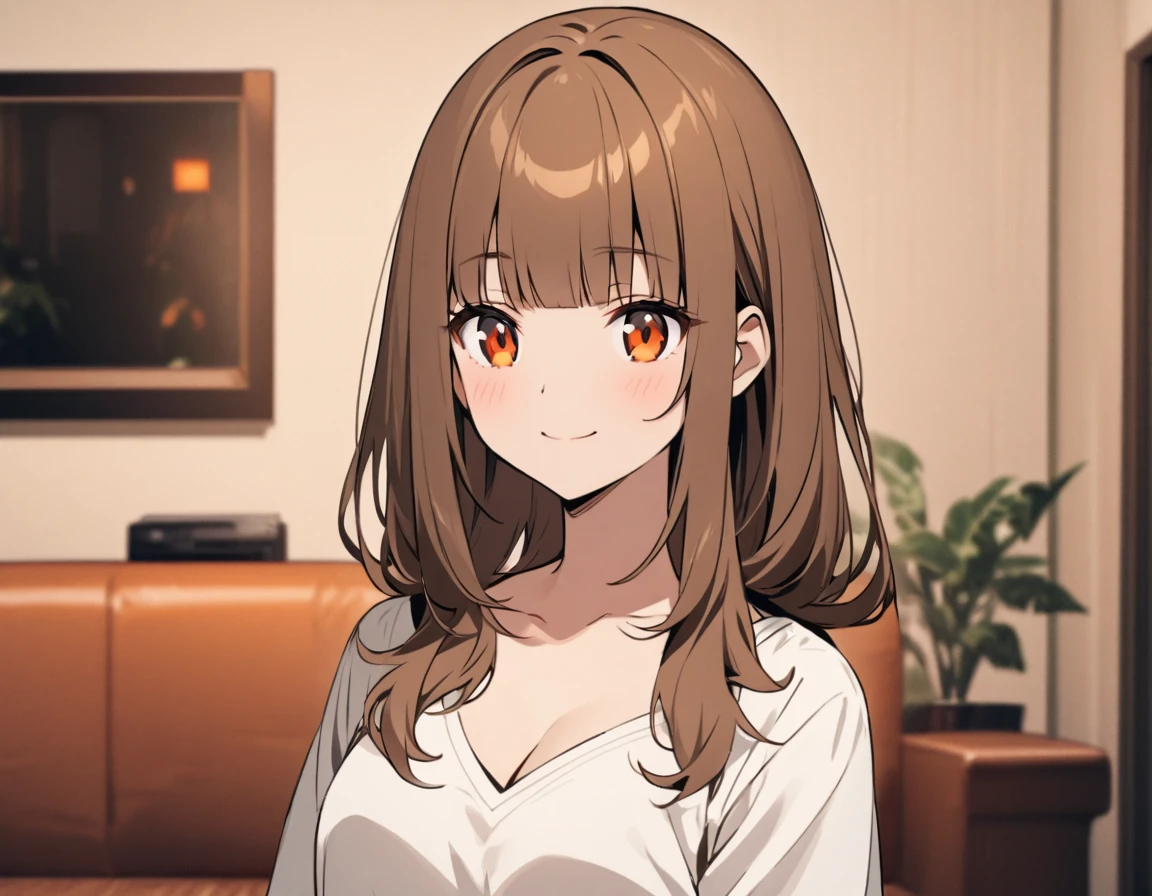 Upper Body, (A 25-year-old woman with medium-length hair and bangs) and (brown hair) and (Orange Eyes) , Wearing a white V-neck top 、Cleavage、smile, The background is the living room、Alone、Are standing