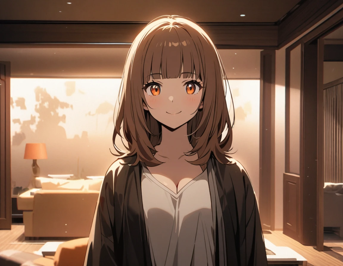 Upper Body, (A 25-year-old woman with medium-length hair and bangs) and (brown hair) and (Orange Eyes) , Wearing a white V-neck top 、Cleavage、smile, The background is the living room、Alone、Are standing