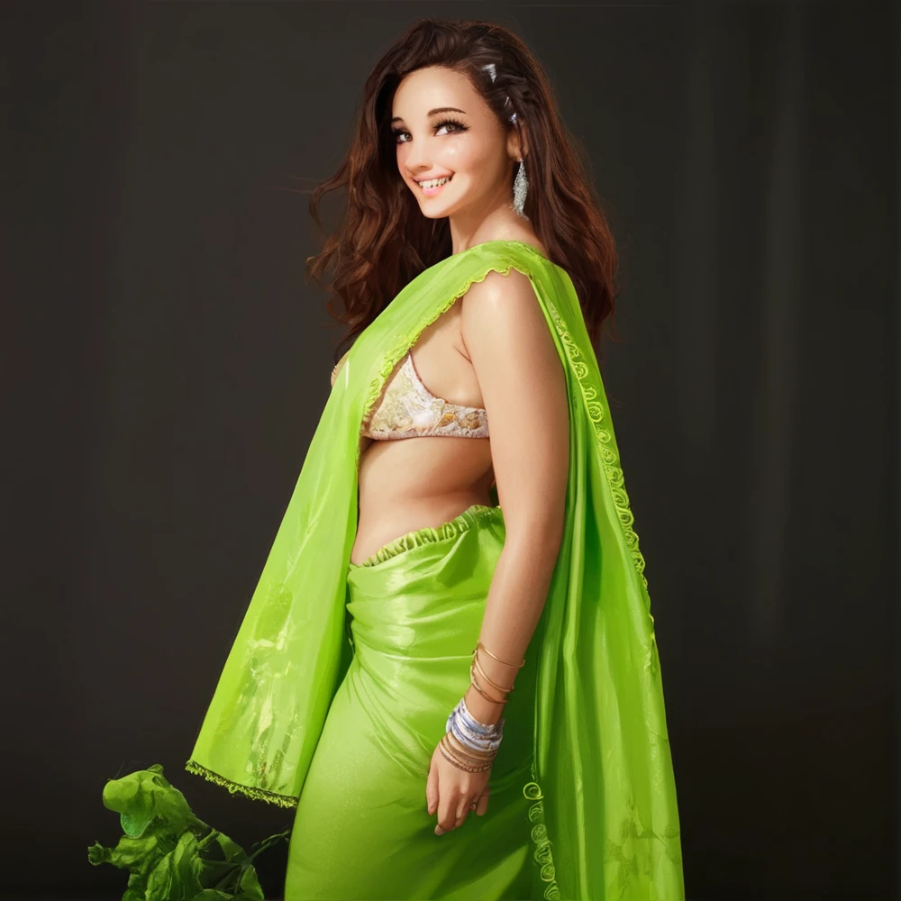 Expose cleavage, large back,large ass,large breast,looking cute,white body colour,cute smile,teeth is visible,