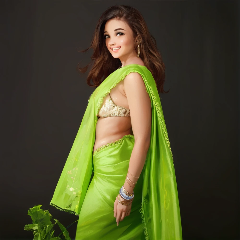 A beautiful indian girl,expose cleavage, smiling,looking sexy,backlift are sexy,large hips,sexy armpit,looking cute,green saree,brwon hair ,big hands